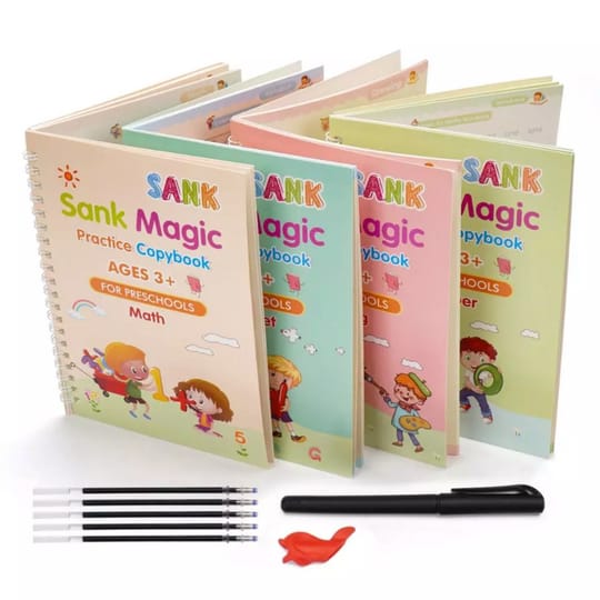 Sank Magic Book Reusable Handwriting Book Set for Kids (4 Books + Pen with 10 Refills) - Montessori Preschool Tracing Practice