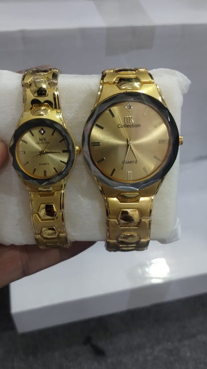 Elegant Couple Watch Set – Luxury Quartz Wristwatches for Him & Her with Dual-Tone Metal Strap - Golden