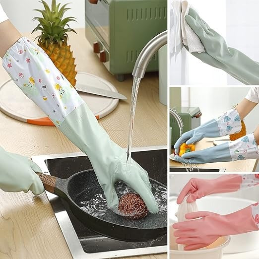 Long Reusable Dishwashing Gloves with Warm Fleece Lining – Extra Long Waterproof Rubber Cleaning Gloves, Anti-Slip, Heat Resistant for Kitchen, Laundry, and Household Use (Random Color)