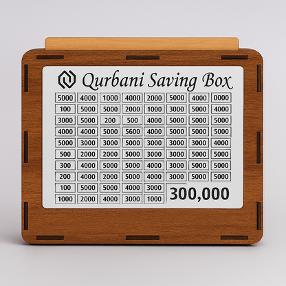 Wooden Saving Box with 3 Stickers (Qurbani, Umrah & Money Saving) – Target Chart Money Bank