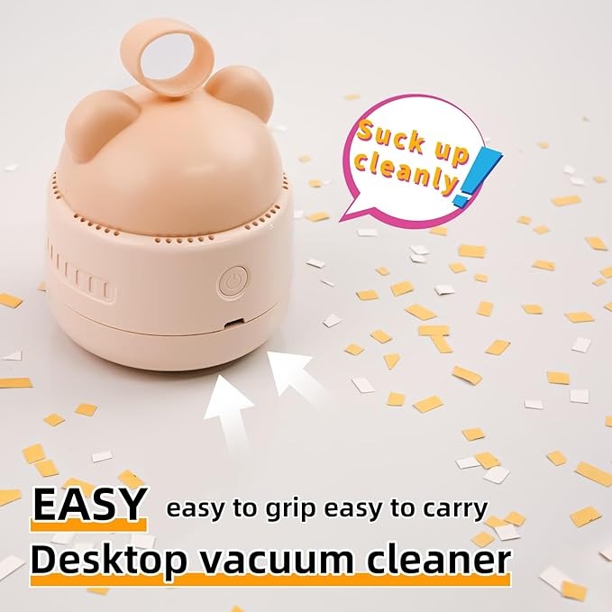 Mini Desktop Vacuum Cleaner with USB Charging – Portable 360° Swivel Dust Cleaner for Keyboards, Office Desks & Small Debris with Bear Head Grip and Cleaning Brush (Random Color)
