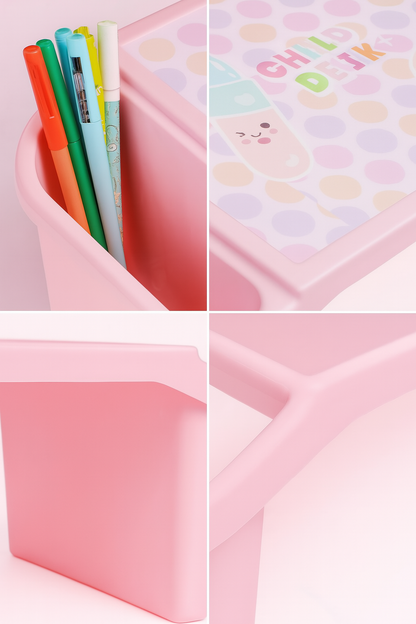 Kids Portable Study Table – Multifunctional Plastic Desk with Side Storage (56x40x30 cm) (Random Color)