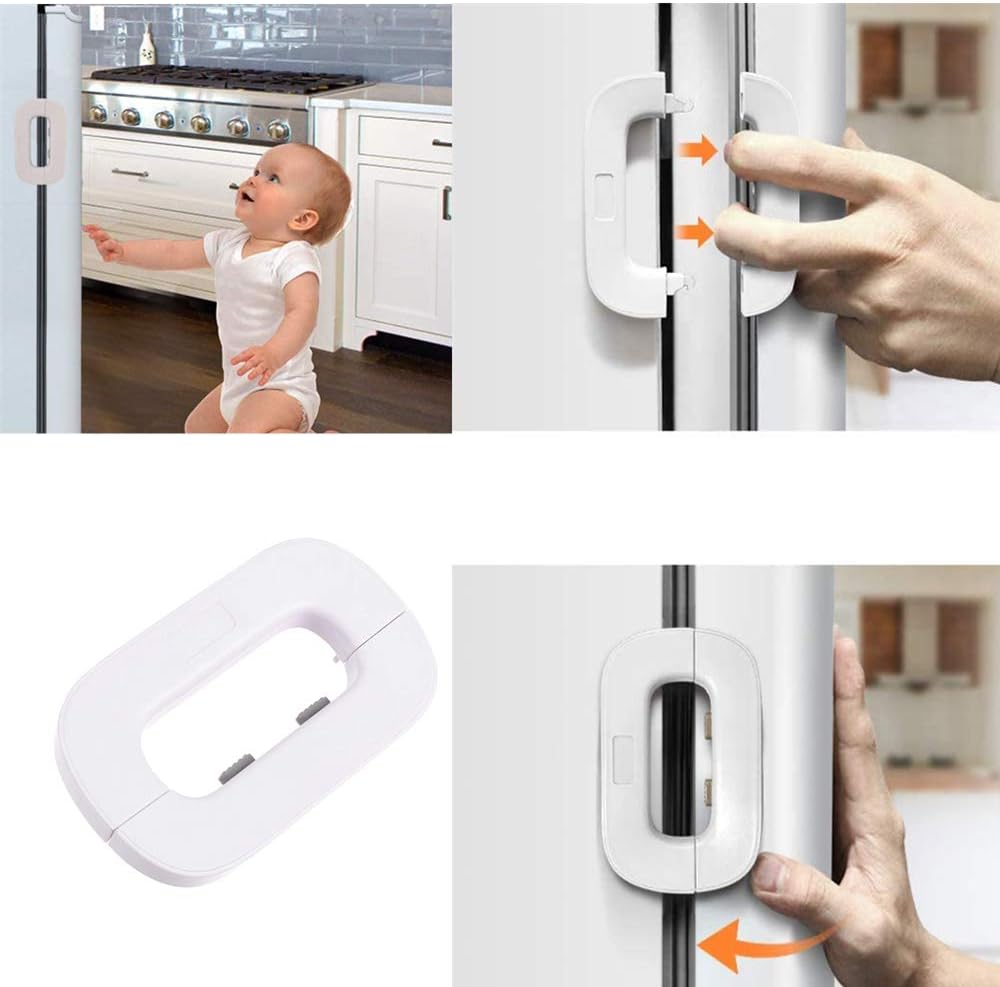 Child Safety Refrigerator Lock – Self Adhesive Fridge And Freezer Door Lock With Double Safety Button And Easy One Hand Operation