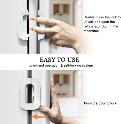 Child Safety Refrigerator Lock – Self Adhesive Fridge And Freezer Door Lock With Double Safety Button And Easy One Hand Operation